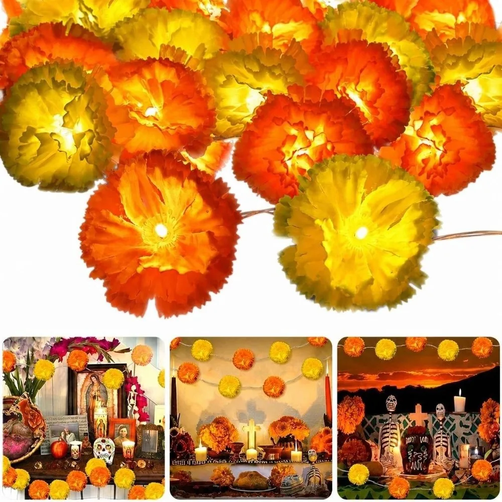 1.5/3 Meters Marigold Garland​​ LED Reusable Pooja Marigold Flowers​​ Battery Powered Indian Festival Garland​​