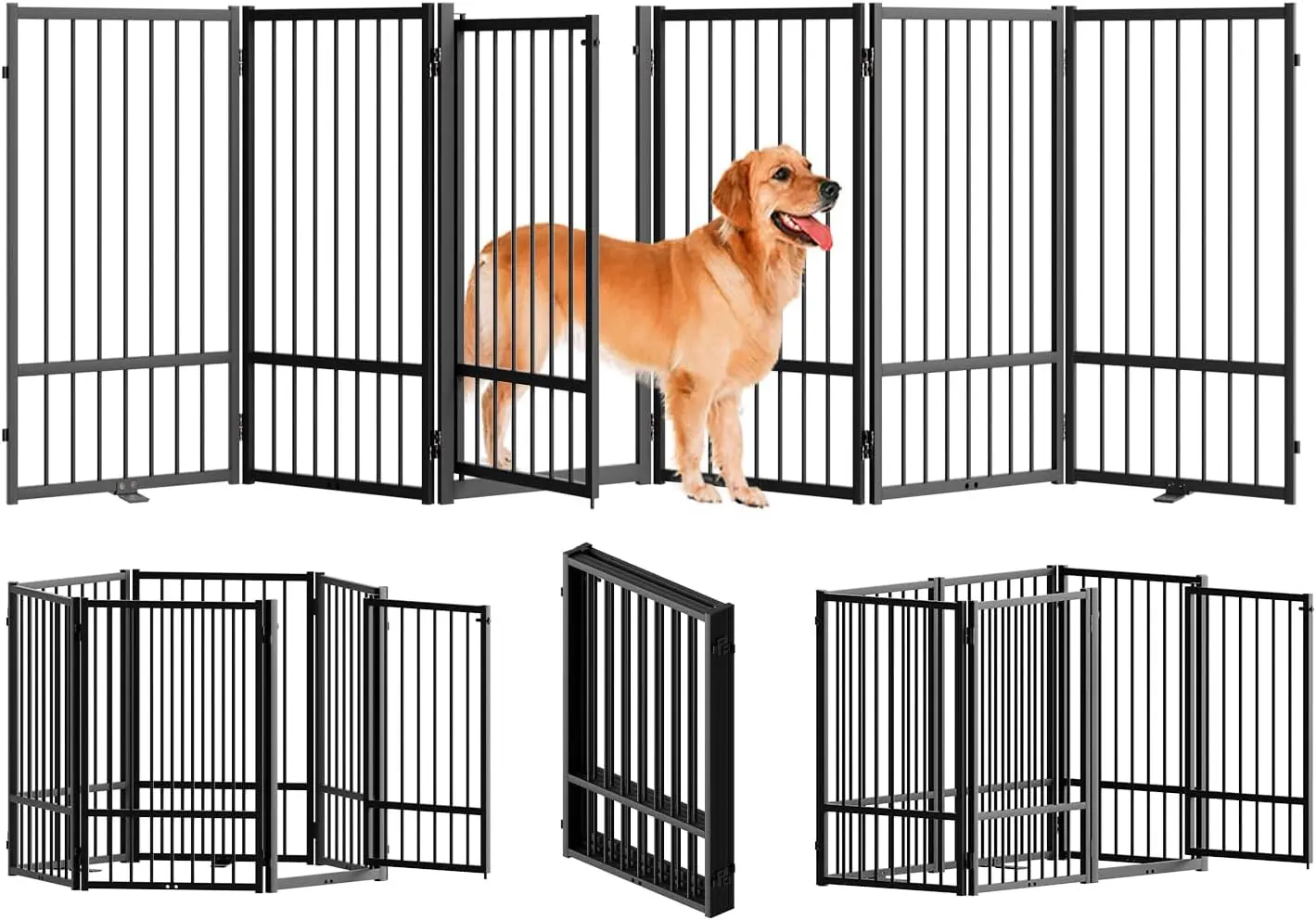 Full Metal Freestanding Dog Gate With Door, 32''Height Foldable Pet Dog Fence For Indoor & Outdoor, 6 Panels Extra Wide Free