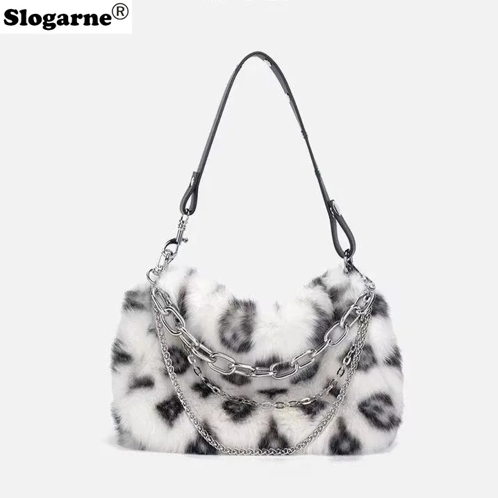 New Faux Fur Leopard Shoulder Bag Women\'s Autumn Winter Chain Handbags Ladies Leopard Print Clutch Purses Fluffy Top Handle Bags