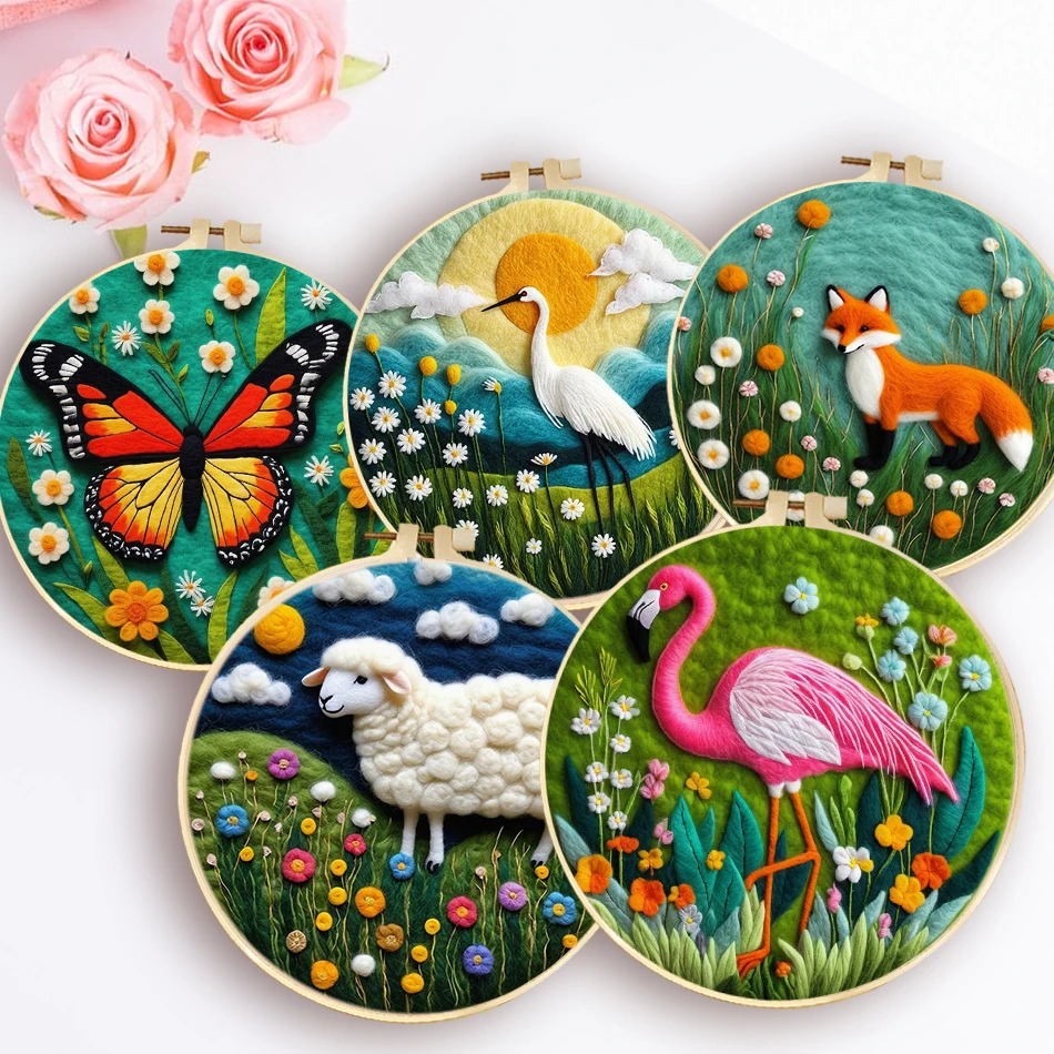 Animals Pattern Needle Felt Starter Kit For Adults Beginner Wool Needle Felt Painting Picture Frame Foam Pad Art Home Decortion