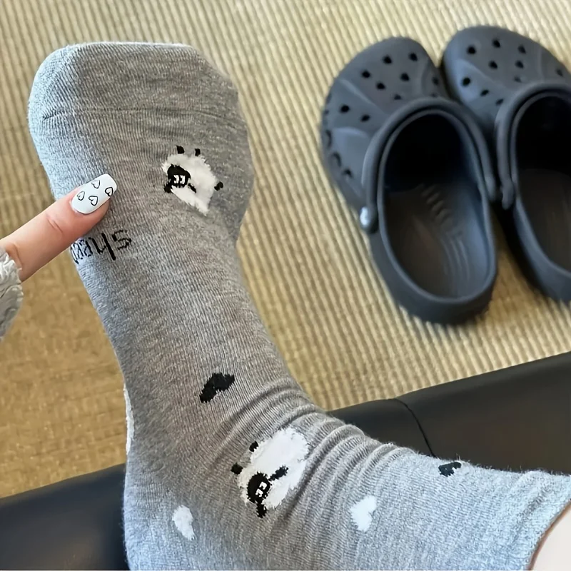 4足セット、女性用ソフトフロッキー羊アンクルソックス、グレー無地重ね履き可能なクルーソックス、インスタイル