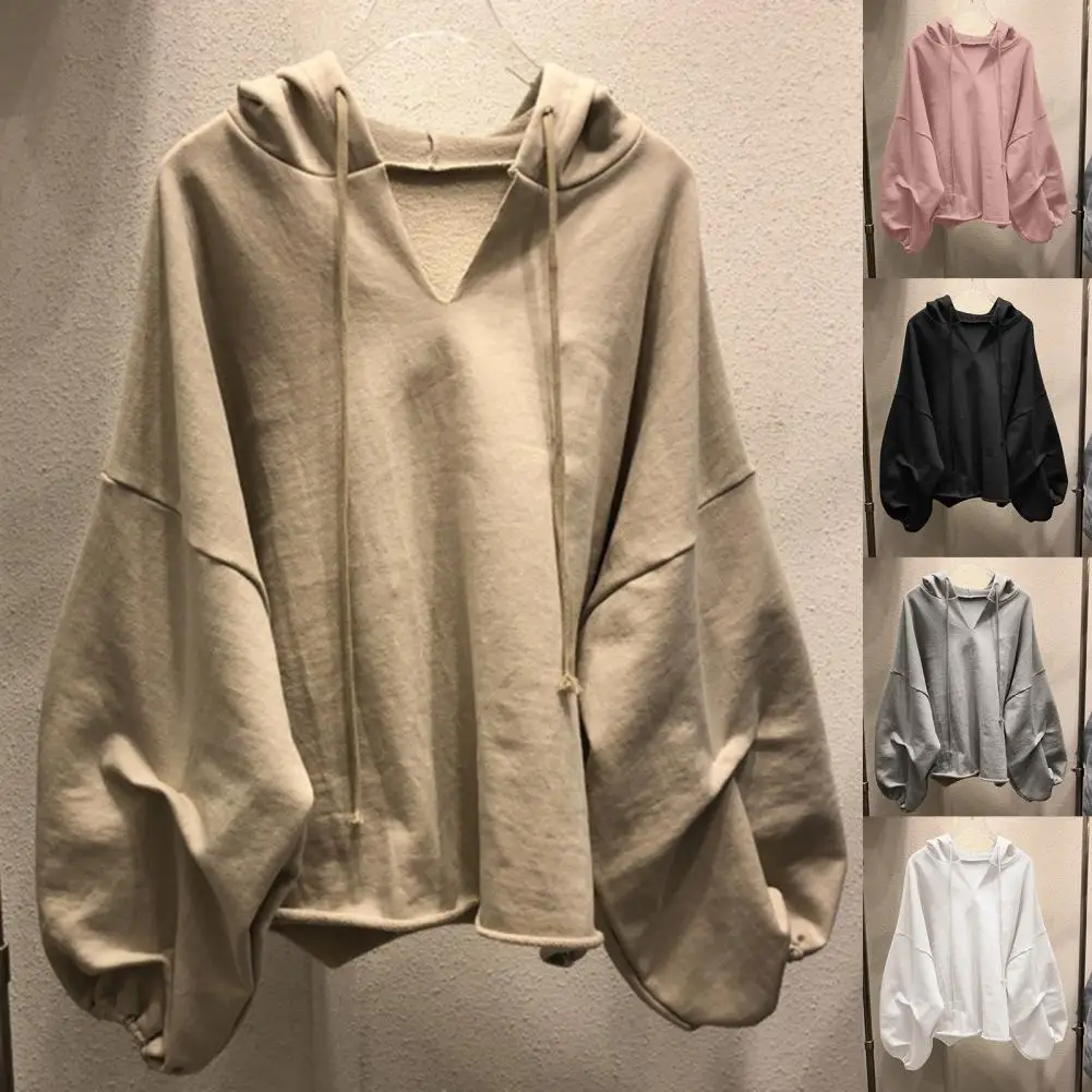 Trendy V-Neck Hooded Sweatshirt Skin-Touch Women Hoodie Batwing Sleeve V-Neck Women Sweatshirt Streetwear