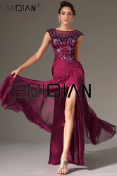 Scoop Cap Sleeves High Slit Burgundy Chiffon Evening Dresses Appliqued Formal Party Gown