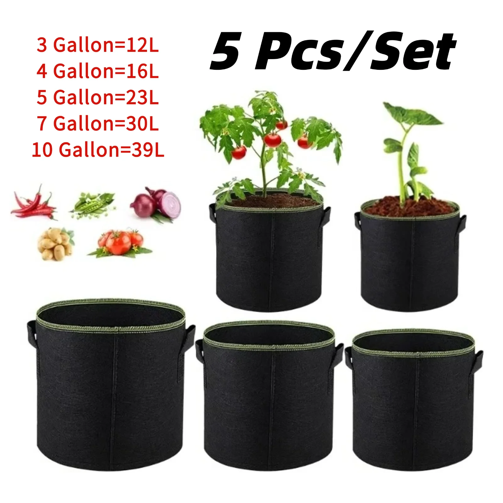 5 Pack Felt Plant Grow Bags 3/4/5/7/10 Gallon Breathable Fabric Planting Reusable Garden Planter for Potato Vegetable Growing gallery 1