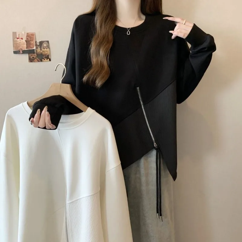 Spring  Autumn Top Women's New Sweater Irregular Loose Belly Cover Long Sleeves Large Size Women's Clothing Fat Mm Design Sense