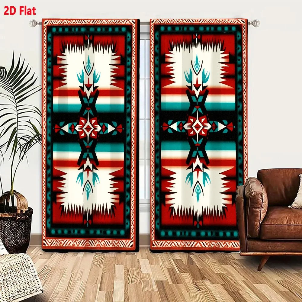 2Pcs Curtains 2D Flat Native American Inspired Geometric Pattern Rectangular Design With Black Background And White Red Teal Mot