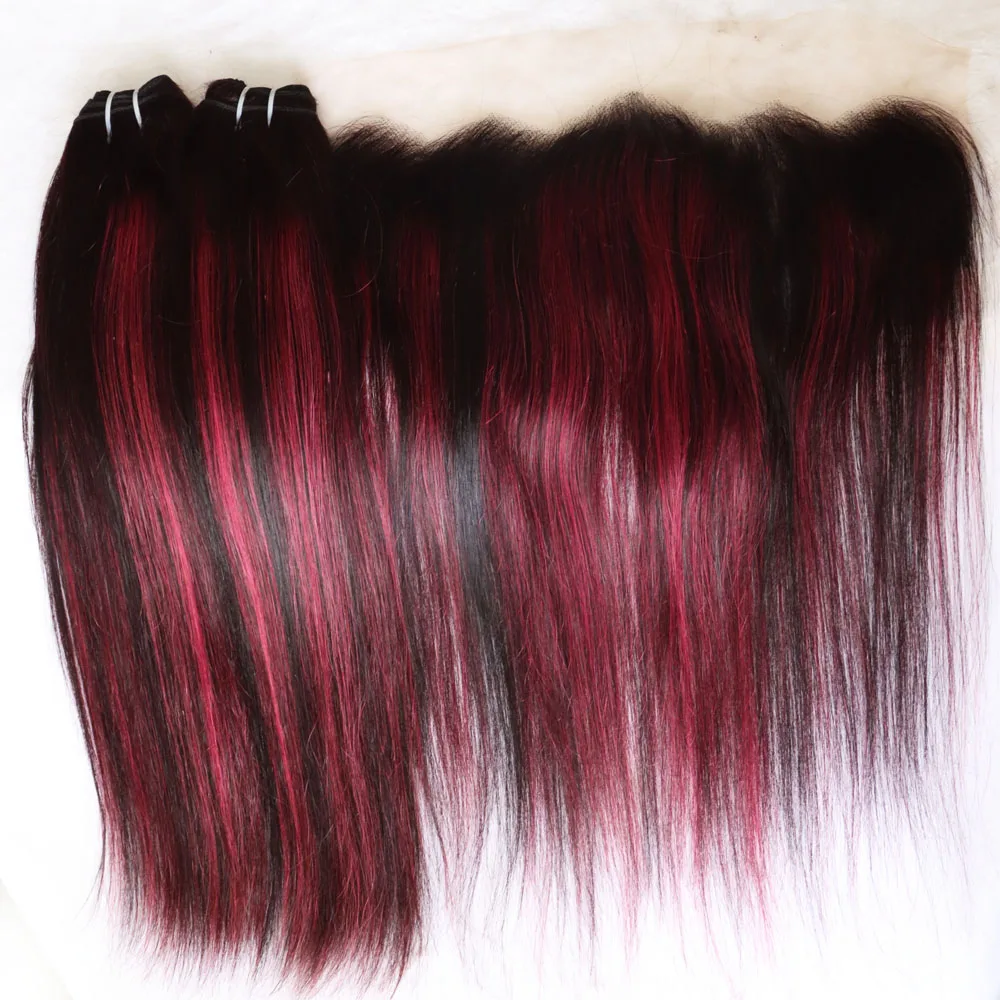 الجملة حزم الشعر البشري مع الدانتيل إغلاق أمامي شفاف 4x4 5x5 13x4 13x6 تسليط الضوء على 1B الأحمر الأرجواني الوردي عذراء الشعر