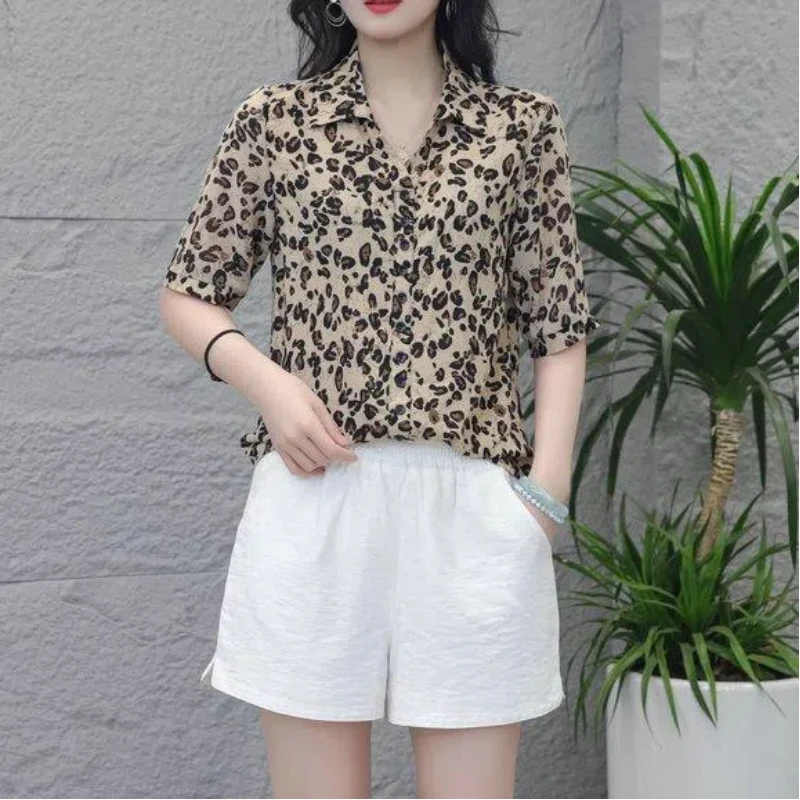 New Summer 2024 Women\'s Pullover Polo Collar Patchwork Printing Fashion Loose Casual All-match Half Sleeves Blouses Shirts