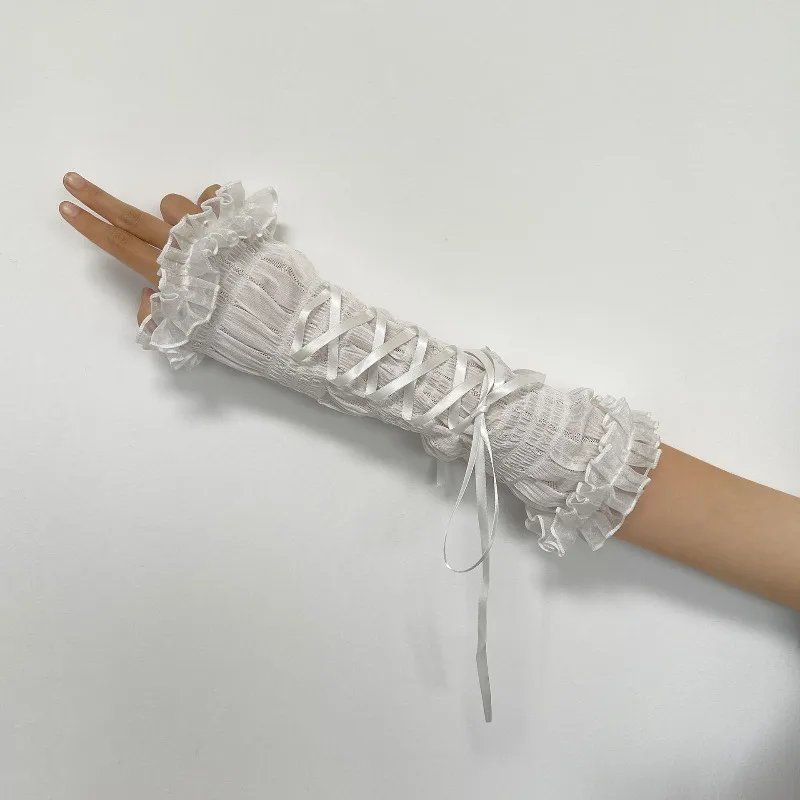 ロリータ風ガーリーレーストリムリボン付きシアーロンググローブ（女性用）