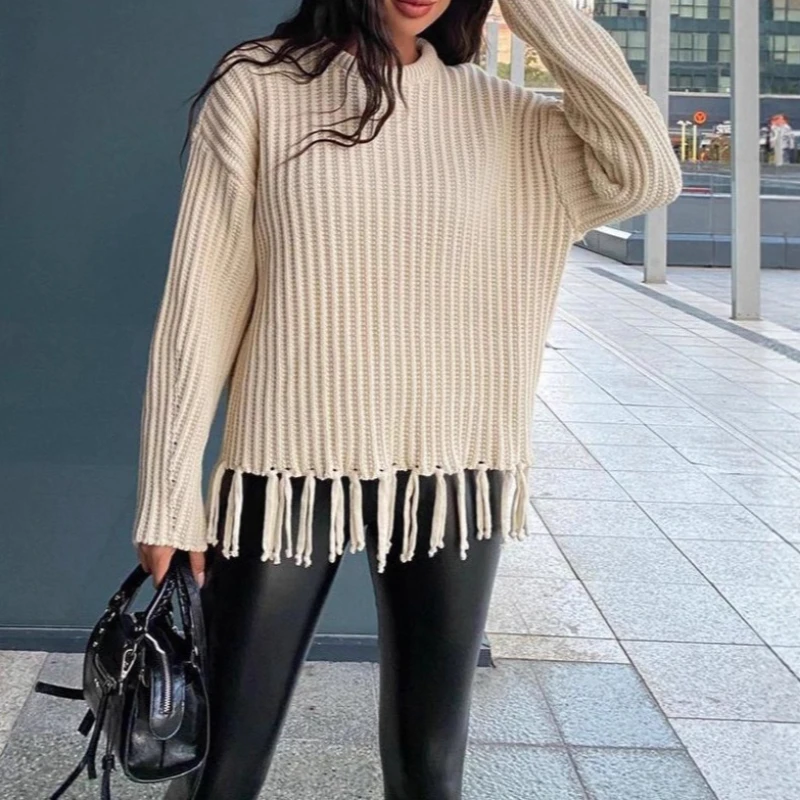 

Women's Fringed Sweater Autumn Women's Thickened Loose Casual Versatile Solid Color Long Sleeve Knitted Top Autumn and Winter