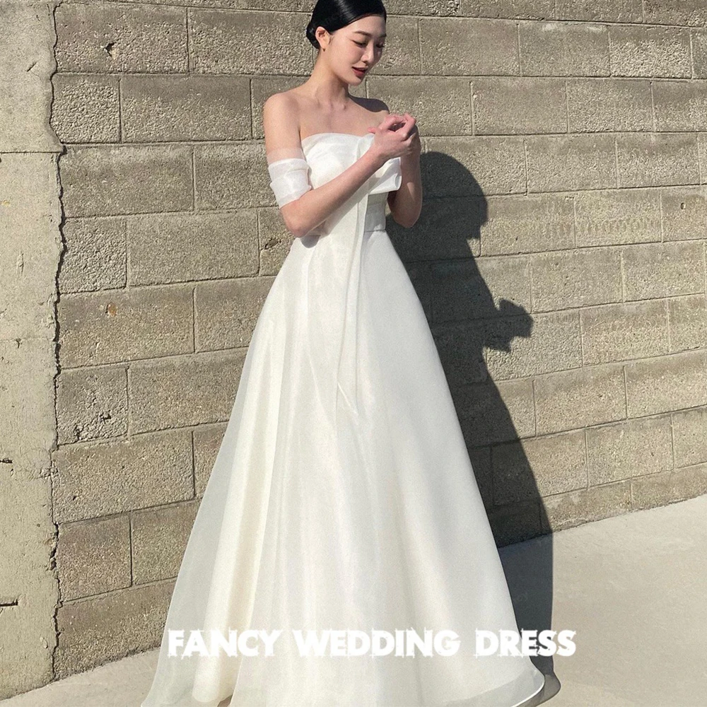 Elegante vestido de boda coreano con hombros descubiertos, Organza, longitud hasta el suelo, manga corta, vestido de graduación, corsé trasero, hecho a medida