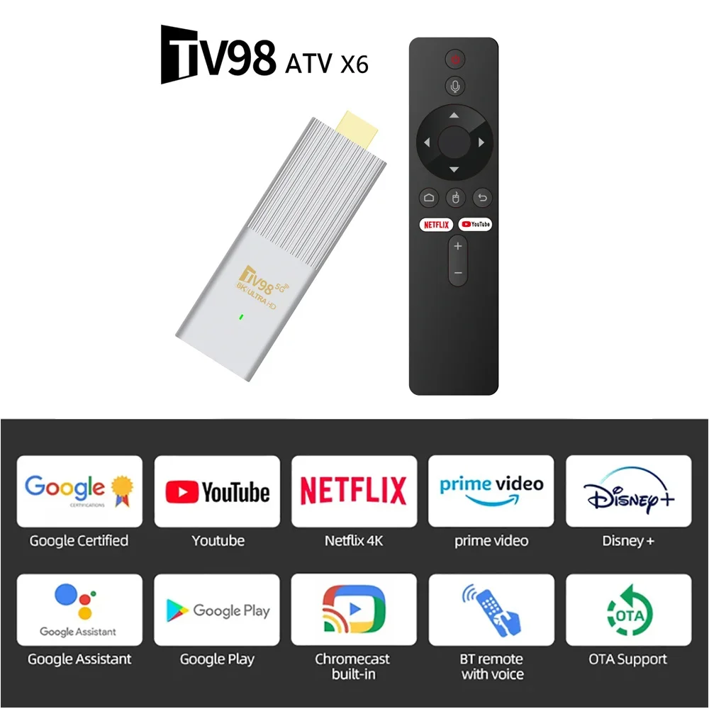 Android 14 TV Stick TV98 ATV TV Box Allwinner H313 2.4G 5G Wifi Support OTA 8K Player BT5.0 2GB 8GB Voice remote 4K Set Top Box