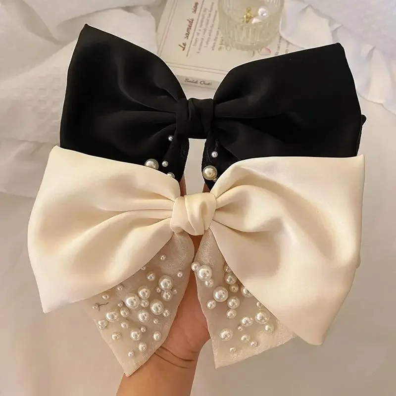 1pcs Light Luxury Double-layer Pearl Bow Hair Accessory Feminine Temperament French Bow Spring Clip