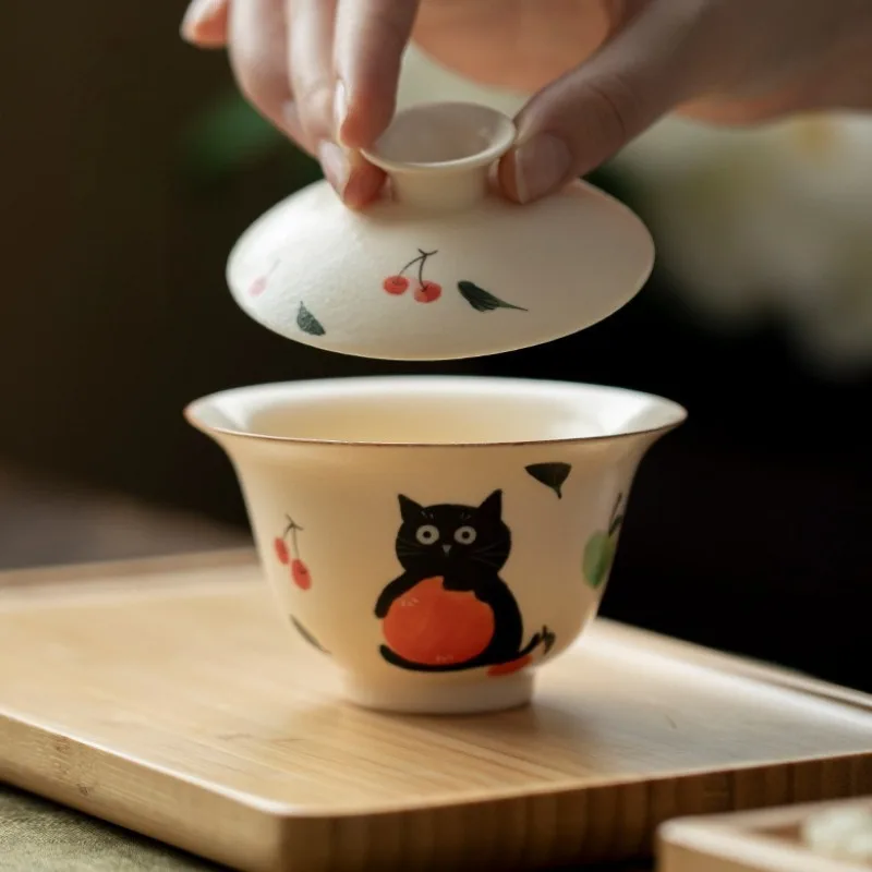 Ceramic Wabi Sabi Cat Tea Cup Hand Painted Gongfu Teaware Set Non Burn Handle Tea Bowl for Office Home Tea Ceremony Gift