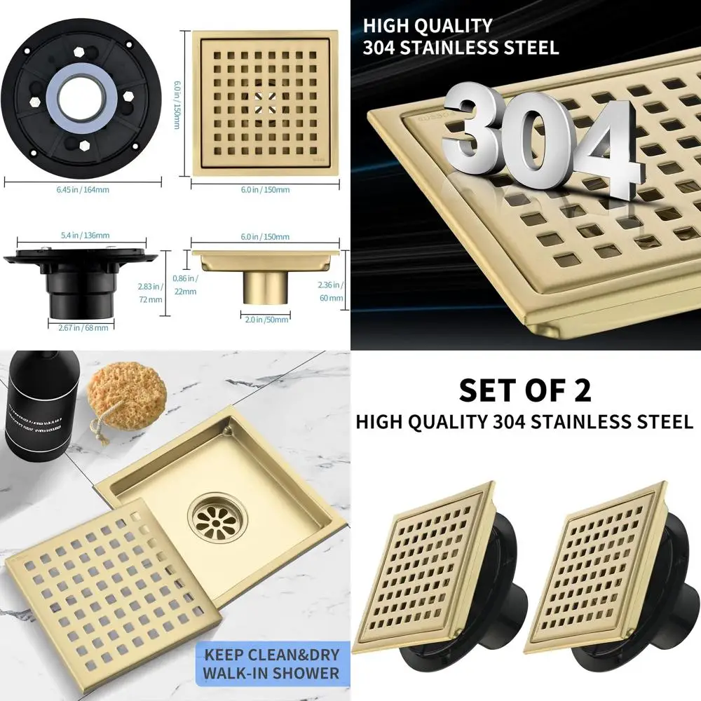 6 Inch Dual Shower Drain with Brushed Gold Square Grate, Removable Cover and Hair Filter for Bathroom, Kitchen, and Balcony