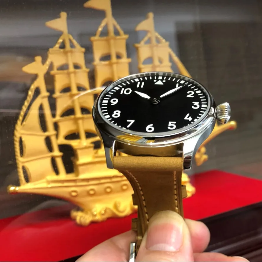 New 44mm No Logo Black Bial Two Hands Asian 6497 17 Jewels Mechanical Movement Luminous Pilot Men\'s Watch GR03-23