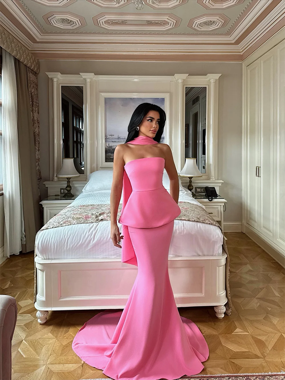 كاثي مخصص باربي الوردي قطعتين مجموعة فستان حفلة موسيقية أنيقة حورية البحر vestidos de noiva أنيقة ذيل فرشاة فساتين السهرة 2025