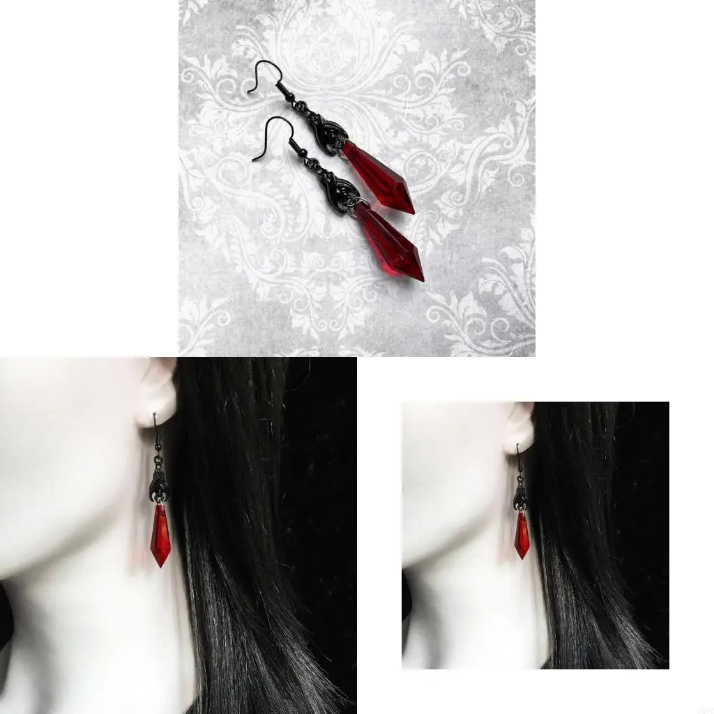 195C Fashion Pointed Red Drop Earring for Women Crystal Black Bat Pendant Earring