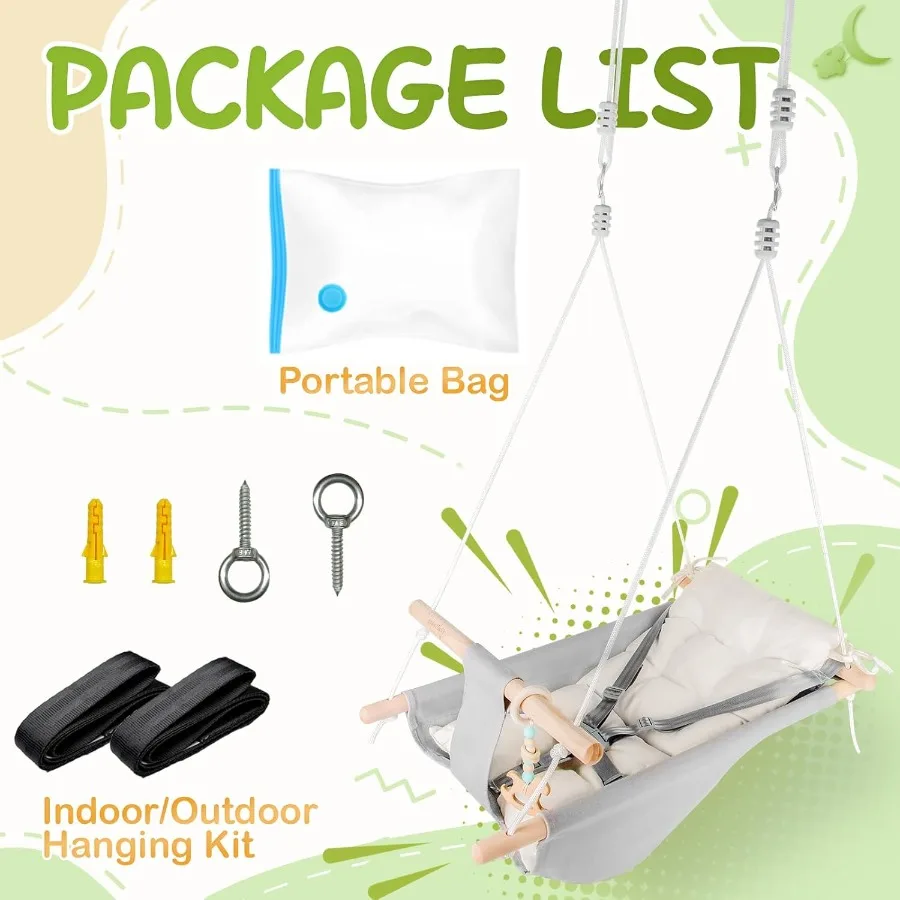Indoor Outdoor Canvas Hammock Swing for Baby to Toddler with Comfortable Seat Macaroon Wooden Toy Adjustable 5 Point Harness 3