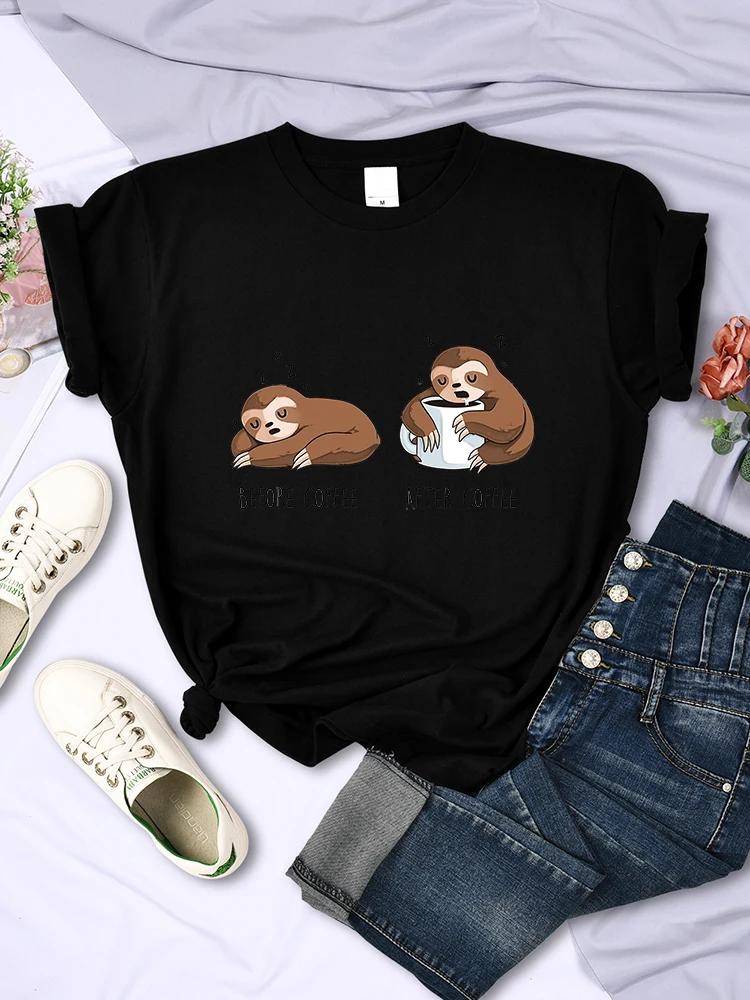 Before Coffee After Coffee Kawaii Sloth T Shirts Female Casual Fashion Short Sleeve Breathable Brand Tee Shirtcool Street Tshirt