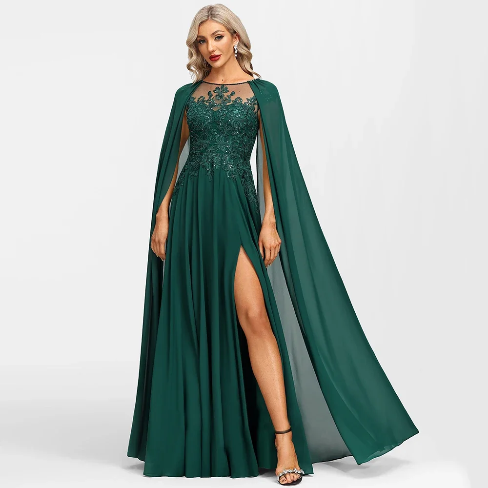 

O-Neck A-Line Emerald Mother of the Bride Dresses Side Slit Lace Appliques Sequined Chiffon Wedding Guest Prom Gowns For Mom