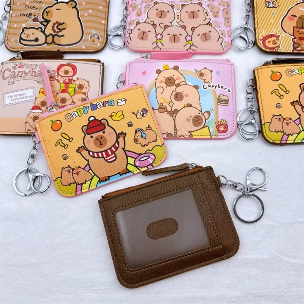 น่ารัก PU Capybara ผู้ถือบัตรโลหะพร้อมพวงกุญแจกระเป๋าสตางค์การ์ตูนกระเป๋าเงินนักเรียน