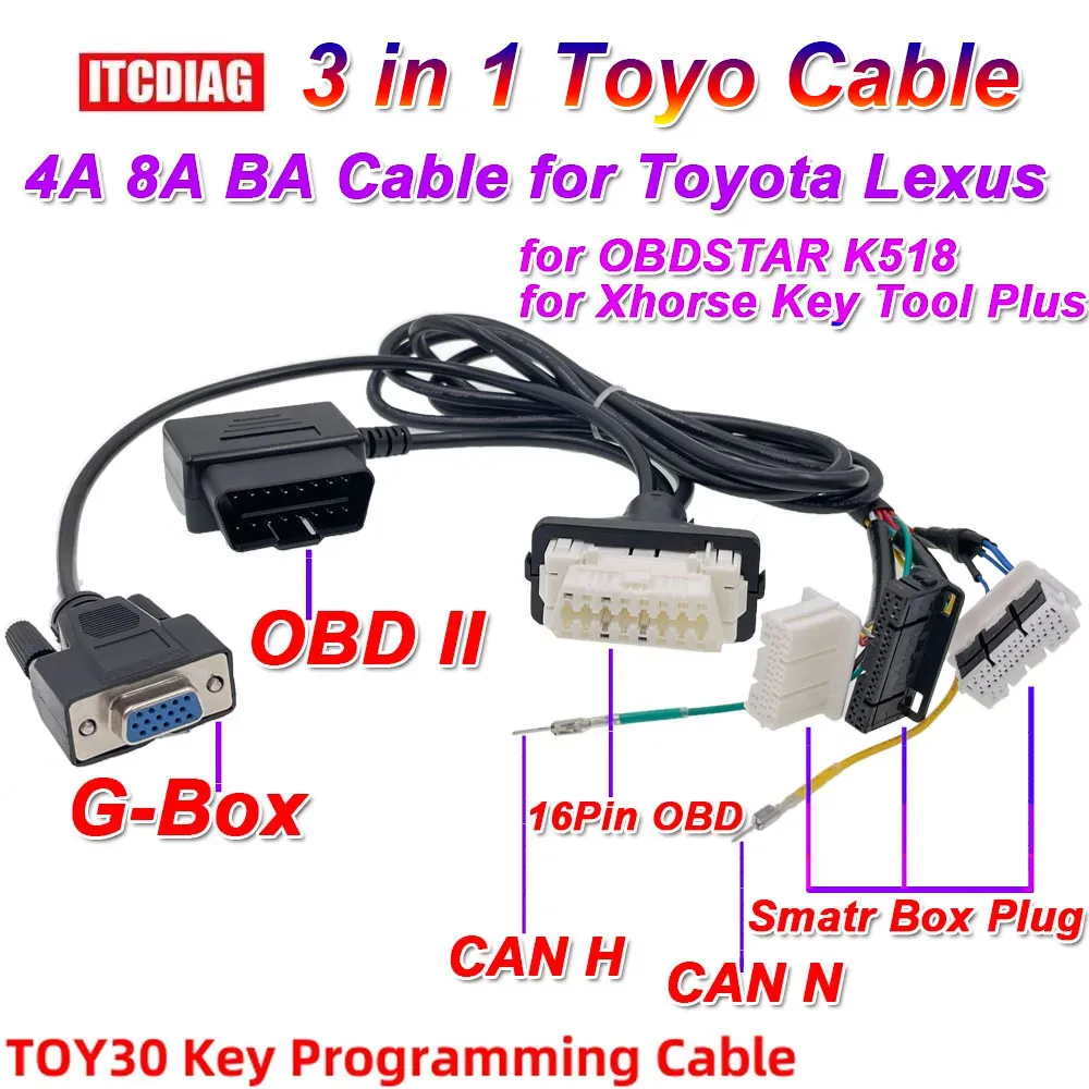 Toyo 30 3in1 Cable 4A 8A BA Connector Smart Key Cable 16pin OBD Cable for OBDSTAR K518 Xhorse Key Tool Plus for Toyota / Lexus