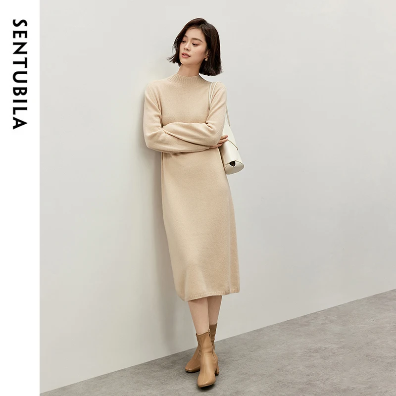 SENTUBILA 100% Wool Knit Dress Women 2024 Casual Loose Fit Half High Collar Long Sleeve Solid Comfort Female Knitwear W44L57009