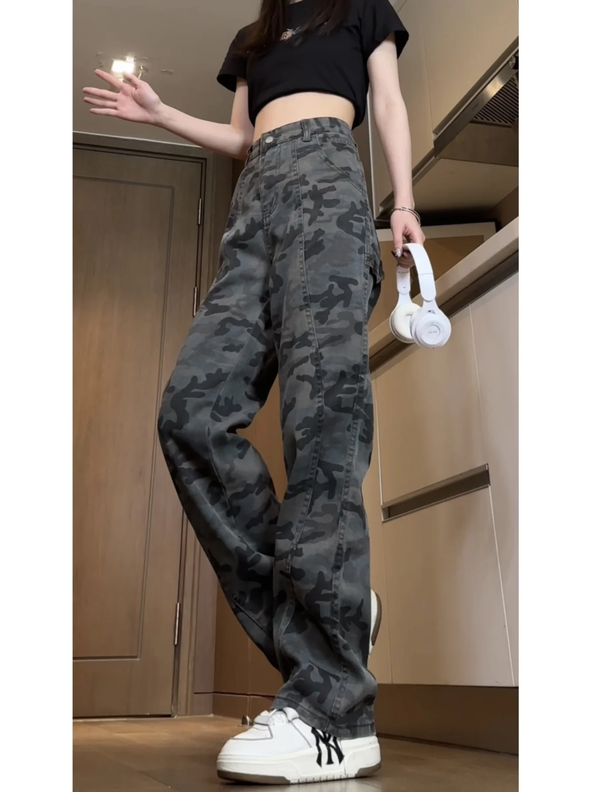 Calças de Trabalho Camufladas Cleanfit para Mulheres, Tamanho Pequeno, Corte A, Cintura Alta, Micro Flare, Estilo Americano