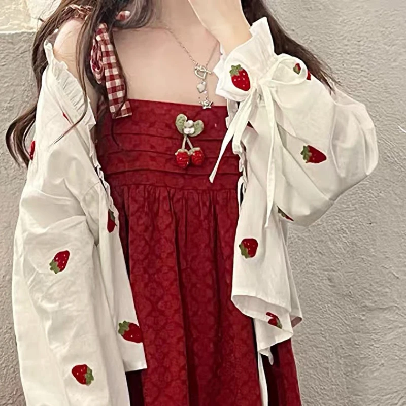 2 Pcs Sets Women Kawaii Girlish Sun-proof Strawberry Jackets A-line Dresses Summer New Fashion Korean Style Gentle Age-reducing