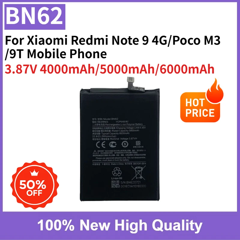

BN62 3.87V 4000-6000mAh High Capacity Replaceable Battery 0-Cycle For Xiaomi Redmi Note 9 4G/Poco M3/9T Mobile Phone 100% New
