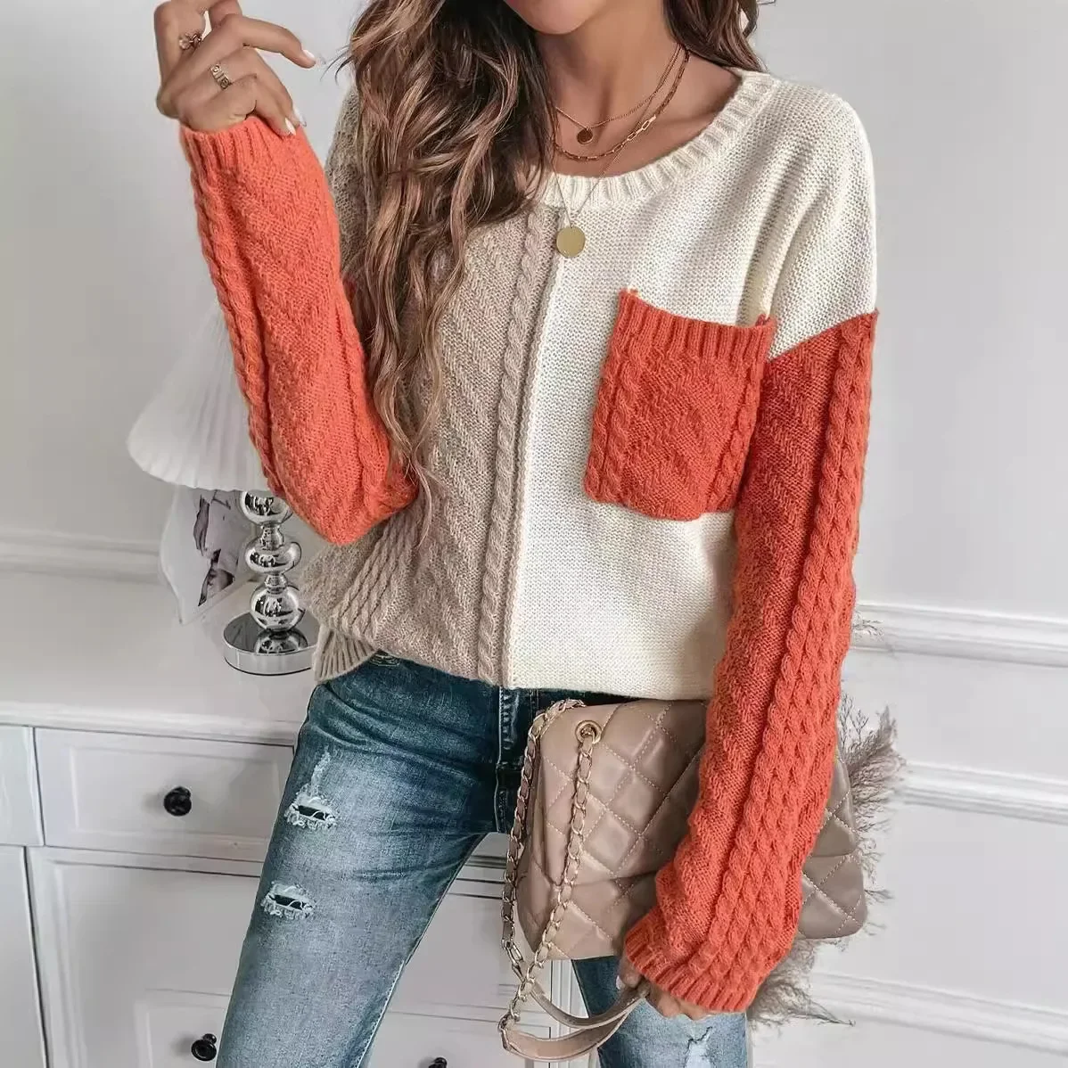 

Versatile Knitted Sweater Pull Femme Automne New Mujer Casual Round Neck Pocket Knit Loose Spliced ​​long Sleeve