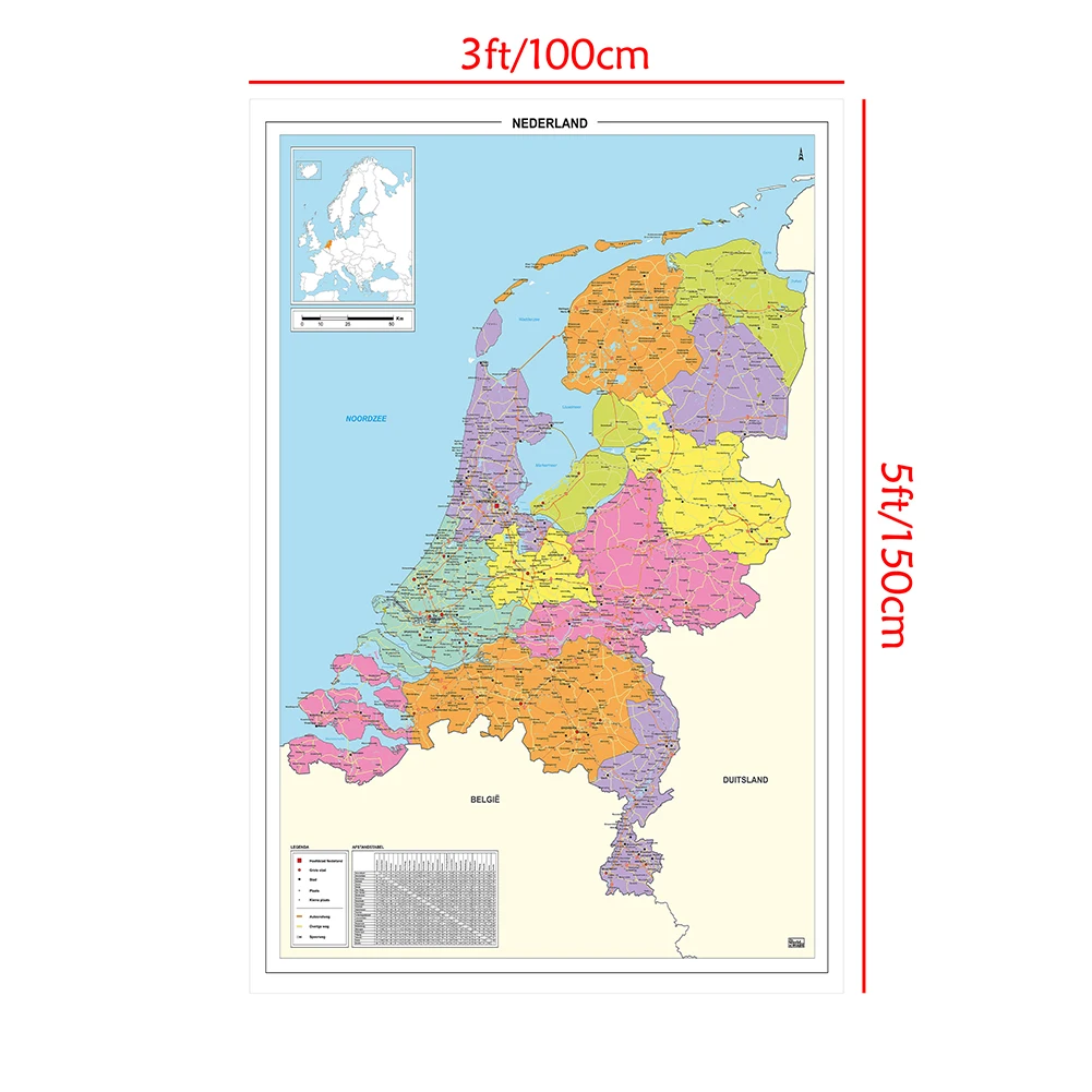 Map of The Netherland in Dutch Large Poster Non-woven Canvas Painting Room Home Decoration School  Office Supplies 100*150cm