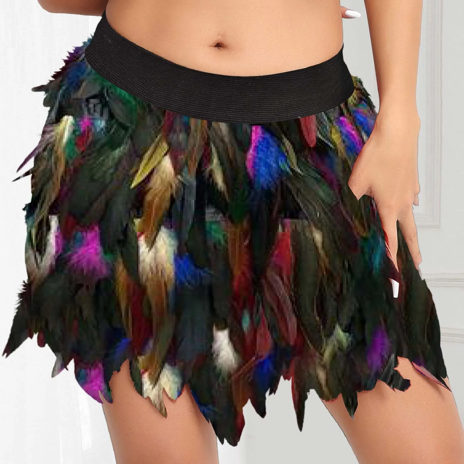 Women's European And American Performance Clothing High Waist Color Feather Half Body Short Mini Skirt Fashion Hip Wrap Skirts