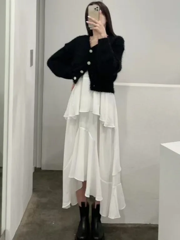 E verão com decote em v emenda dupla camada de renda underlay chiffon cinta vestido moda fena frou frou saia vestido