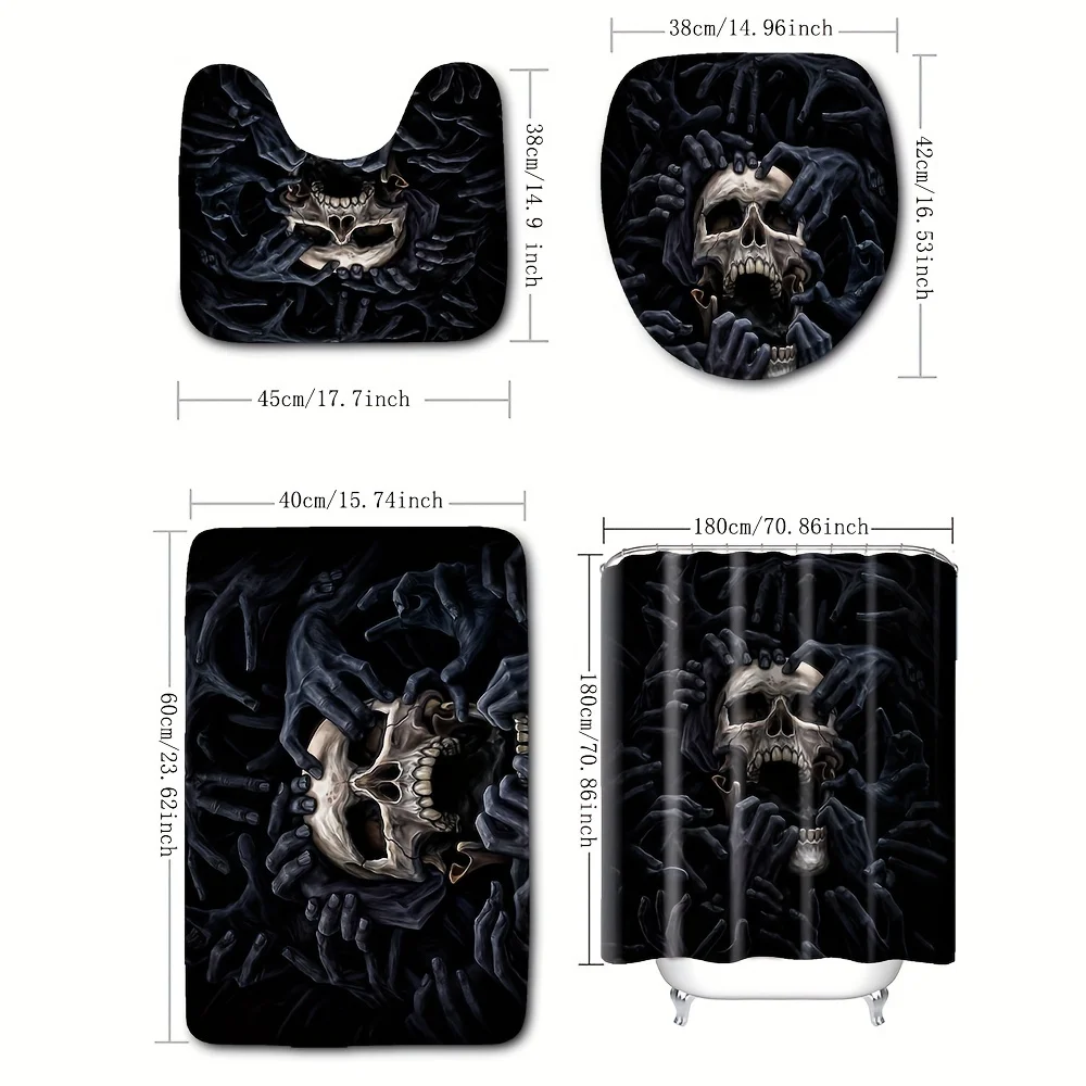 Horror Skull Ghost Hands Shower Curtain Set 4Pcs, Dark Gothic Skeleton Demon Hand Waterproof Shower Curtain, Non Slip Absorbent Bath Mat Toilet Lid Cover Halloween Bathroom Decor Kit