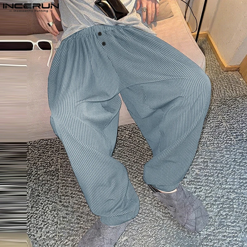 الرجال سروال مخطط ركض مرونة الخصر فضفاض الكورية نمط بنطلون الرجال الشارع الشهير 2025 مطوي السراويل الطويلة غير رسمية S-5XL INCERUN