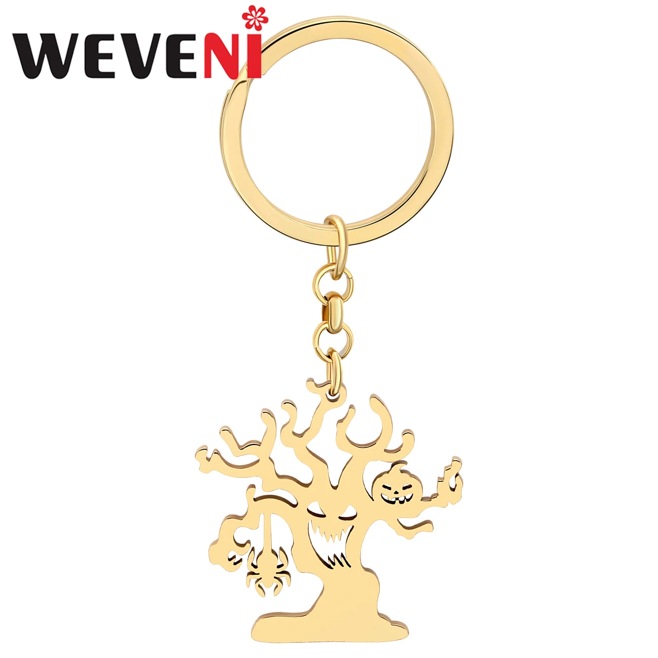 WEVENI Stainless Steel Spider Pumpkin Evil Tree Keychain Key Chains Handbag Wallet Key Jewelry For Women Kid Halloween Gifts