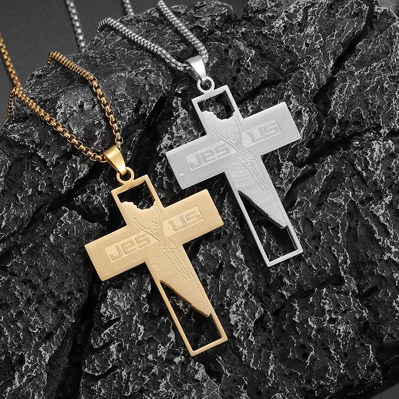 Stainless Steel Engraved Jesus Letters Christian Jesus Cross Pendant Necklace Men Women Catholic Faith Prayer Jewelry