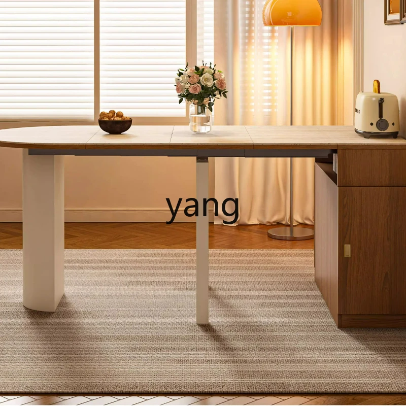 

LTT retractable travertine rock slab dining table household small apartment solid wood dining table and chair combination