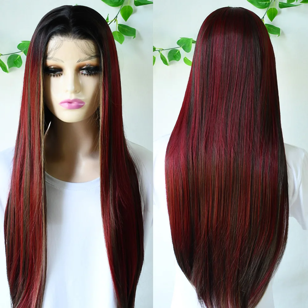 30 Inch Black Blonde Red Wig Highlight 13x4 HD Transparent Bone Straight Lace Front Wig Synthetic Lace Front Wig Cosplay