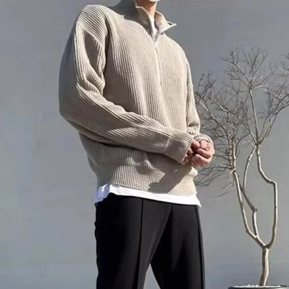 Loose Fit Sweater Elastic Knitted Half Zipper Sweater for Men Stand Collar Pullover with Long Sleeves Outdoor Wear for Fall