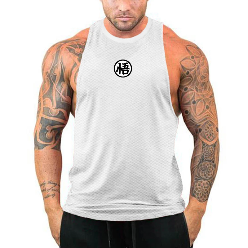 Japanese Anime Logo Wu Font Funny Quick Dry Tank Tops Mens Bodybuilding Vests Gym Fitness Sleeveless Shirts Summer Mesh Clothing