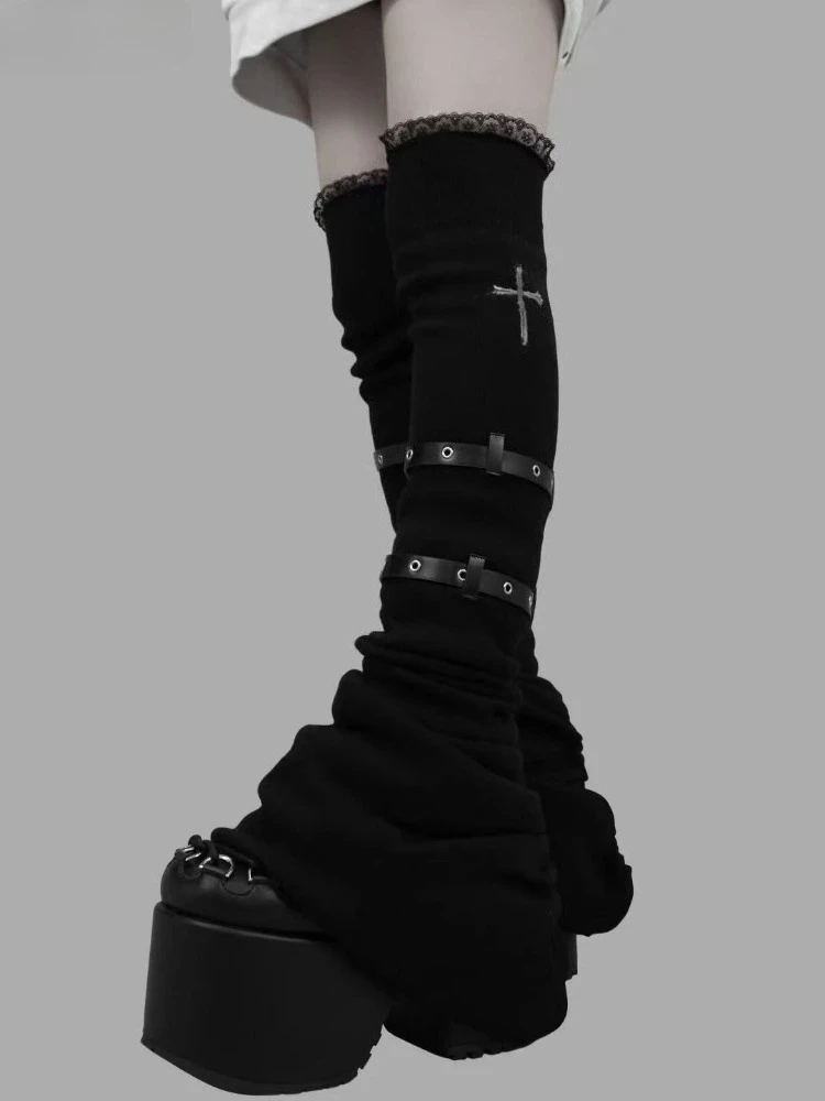 Japanese Lace Patchwork Grunge Flare Leg Warmers Socks Women Cross Gothic Girls Knee High Boots Cover Belt Y2k Aesthetic Punk