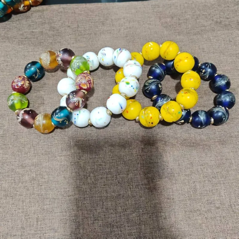 Hand‑crafted Retro Bohemian Bracelet Assorted Swirl Pattern Round Lampwork Glass Beads Gold Spacers Elastic Unisex Wrist Jewelry