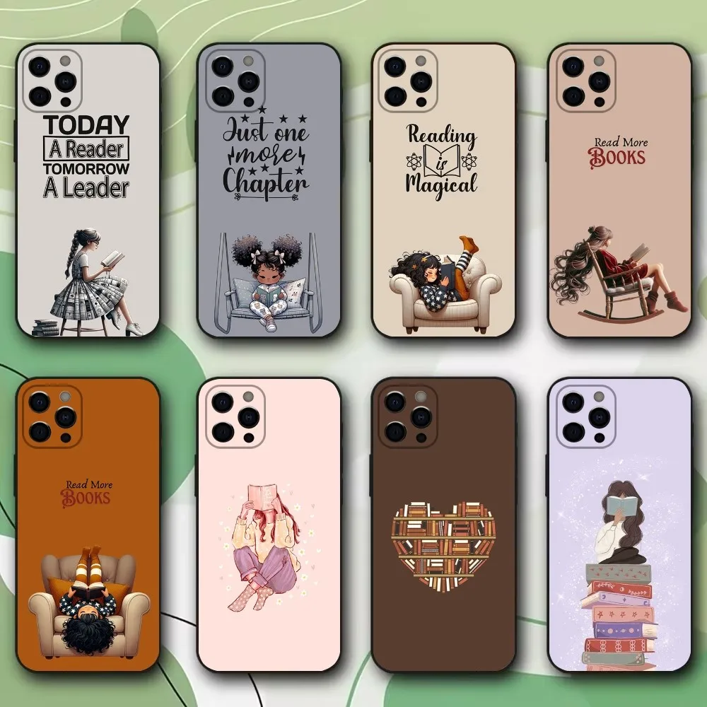 Lire des livres fille illustration coque de téléphone pour iPhone 15,14,13,12,11,Pro,X,XS,Max,XR,Plus,Mini couverture noire souple