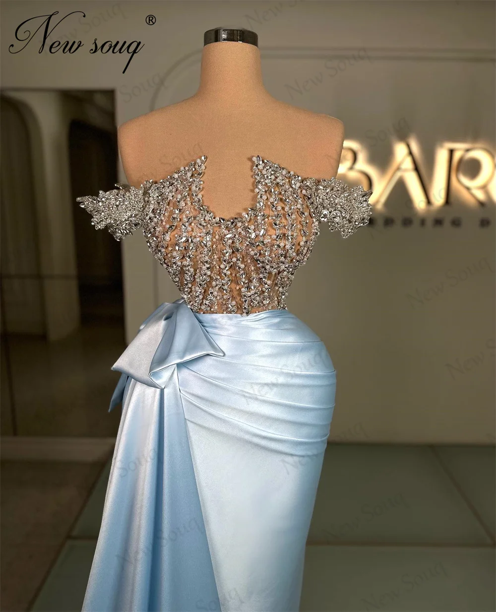 Robe de Soirée en Satin Bleu Style Sirène, Tenue de Bal à Col Transparent, avec Perles, pour ixde Mariage, Style Dubaï, 123