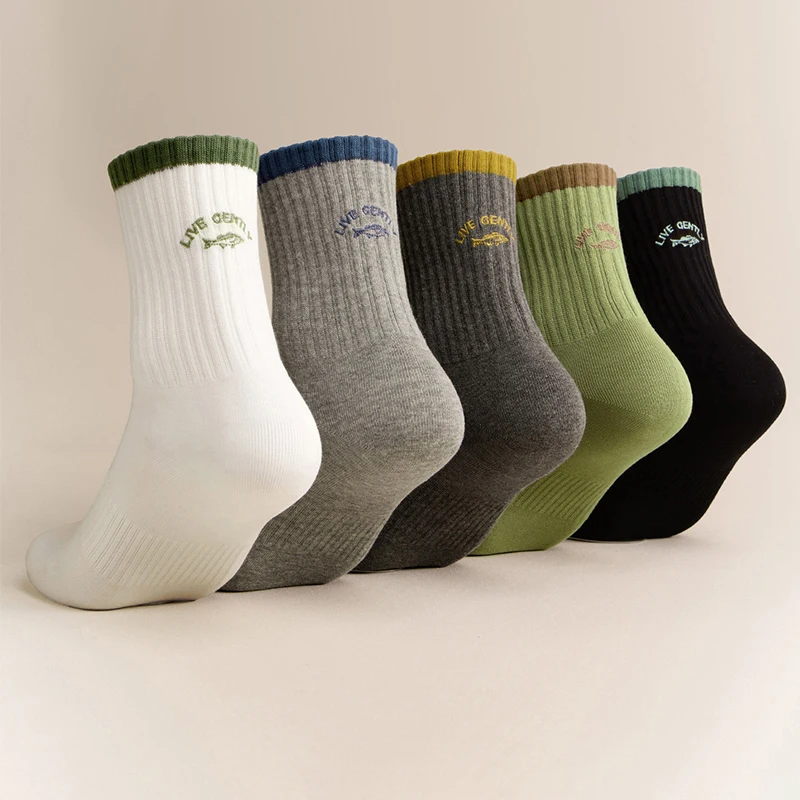 4 Pairs Mid Calf Cotton Socks with Embroidered Pattern for Men Breathable Sweat Absorbent Athletic Socks
