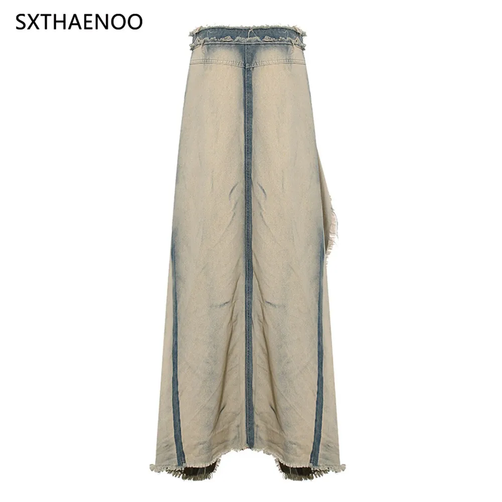 Sxthaenoo azul bainha irregular vintage denim rebarba casual meio corpo saia de cintura alta moda feminina maré nova primavera outono 2025