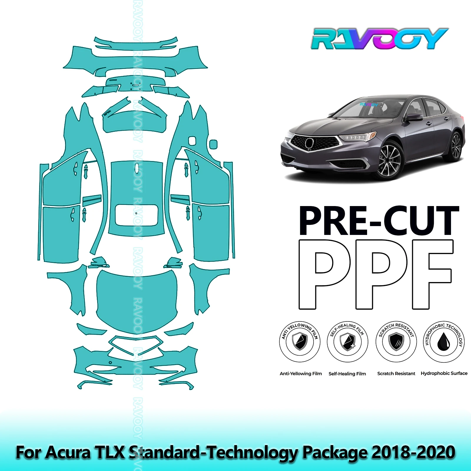 RAVOOY Custom-Fit Precut TPU PPF Full Vehicle Clear Bra Stone Guard EU UK For Acura TLX Standard-Technology Package 2018-2020